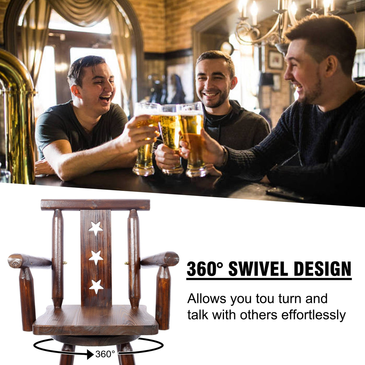 Rustic Bar Stool Fir Wood Construction Chair with Decorative Star Backrest Footrest Wide Armrest Pub 4 - Foot - Brown - Fab Heavy Parts