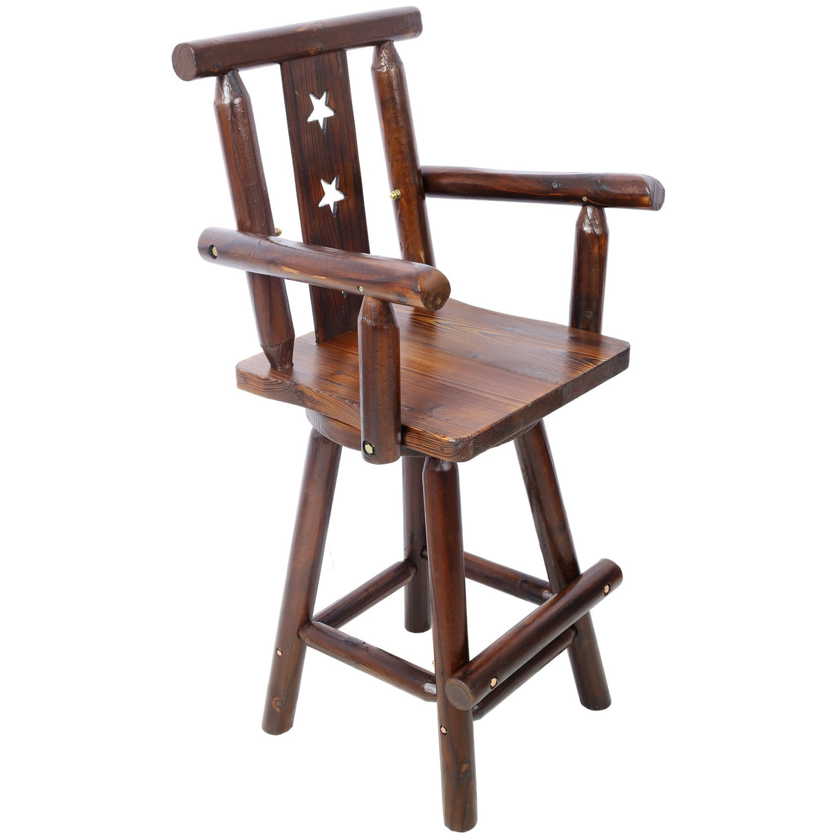 Rustic Bar Stool Fir Wood Construction Chair with Decorative Star Backrest Footrest Wide Armrest Pub 4 - Foot - Brown - Fab Heavy Parts
