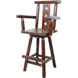 Rustic Bar Stool Fir Wood Construction Chair with Decorative Star Backrest Footrest Wide Armrest Pub 4 - Foot - Brown - Fab Heavy Parts