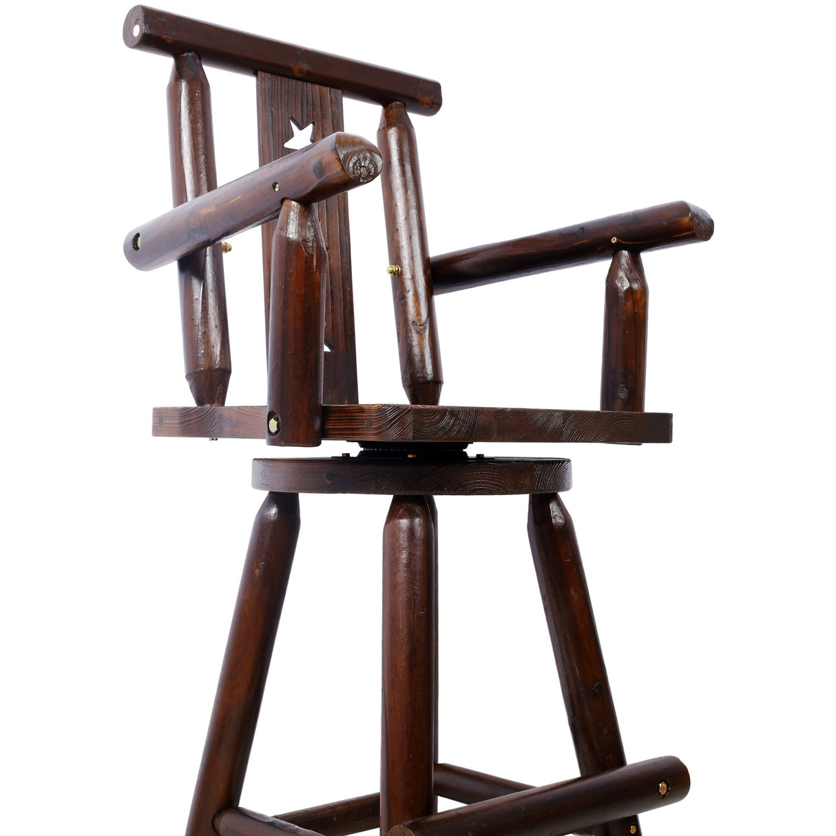 Rustic Bar Stool Fir Wood Construction Chair with Decorative Star Backrest Footrest Wide Armrest Pub 4 - Foot - Brown - Fab Heavy Parts