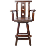 Rustic Bar Stool Fir Wood Construction Chair with Decorative Star Backrest Footrest Wide Armrest Pub 4 - Foot - Brown - Fab Heavy Parts