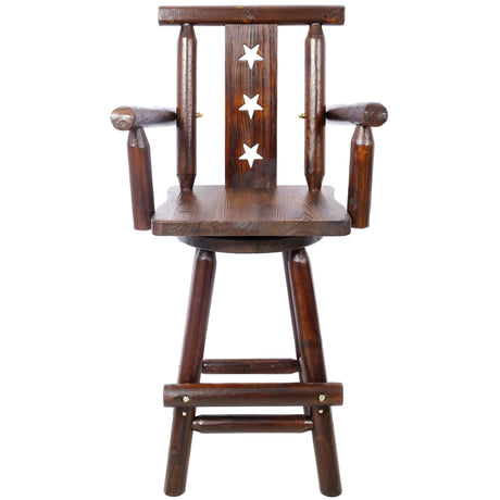 Rustic Bar Stool Fir Wood Construction Chair with Decorative Star Backrest Footrest Wide Armrest Pub 4 - Foot - Brown - Fab Heavy Parts
