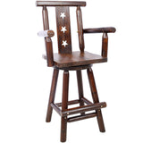 Rustic Bar Stool Fir Wood Construction Chair with Decorative Star Backrest Footrest Wide Armrest Pub 4 - Foot - Brown - Fab Heavy Parts