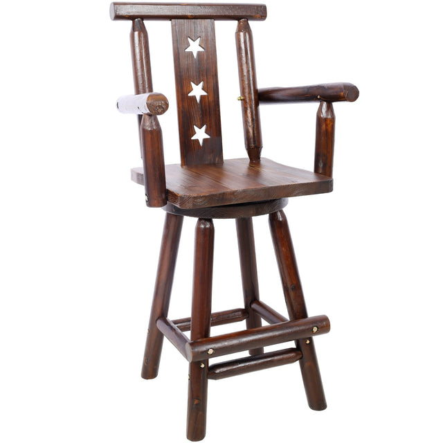 Rustic Bar Stool Fir Wood Construction Chair with Decorative Star Backrest Footrest Wide Armrest Pub 4 - Foot - Brown - Fab Heavy Parts