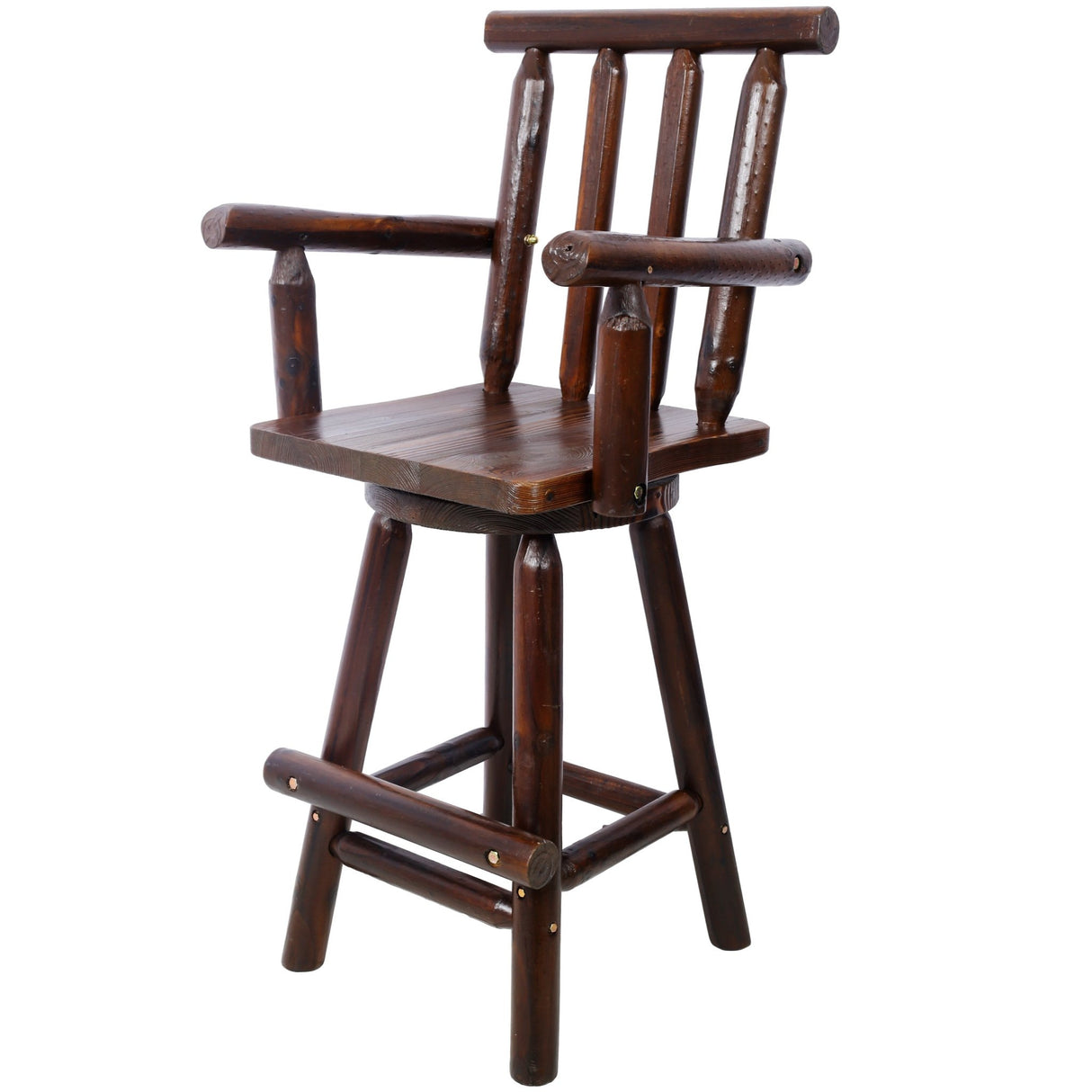 Rustic Bar Stool Fir Wood Construction Chair with Footrest Wide Armrest 4 - Foot - Brown - Fab Heavy Parts