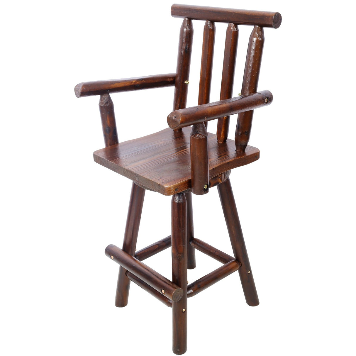 Rustic Bar Stool Fir Wood Construction Chair with Footrest Wide Armrest 4 - Foot - Brown - Fab Heavy Parts