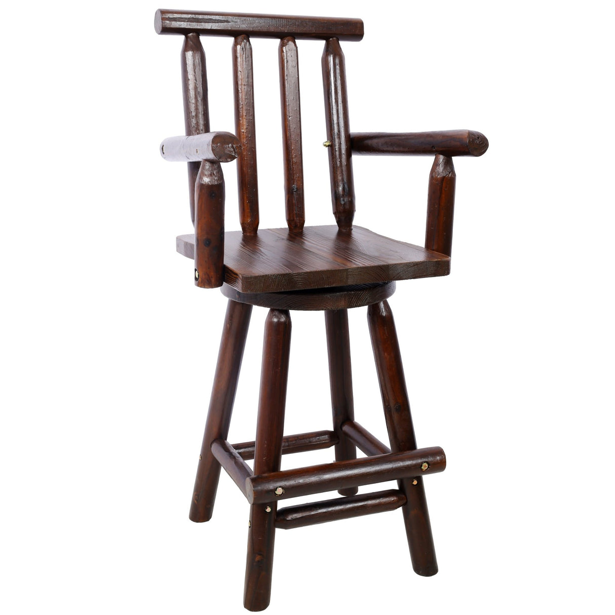Rustic Bar Stool Fir Wood Construction Chair with Footrest Wide Armrest 4 - Foot - Brown - Fab Heavy Parts