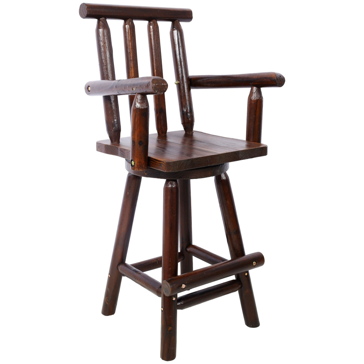 Rustic Bar Stool Fir Wood Construction Chair with Footrest Wide Armrest 4 - Foot - Brown - Fab Heavy Parts
