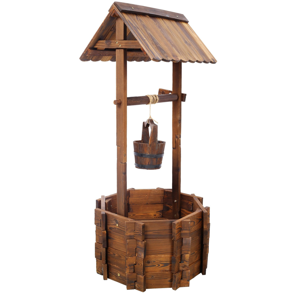 Rustic Wooden Wishing Well Planter w/Hanging Bucket 20in - Fab Heavy Parts