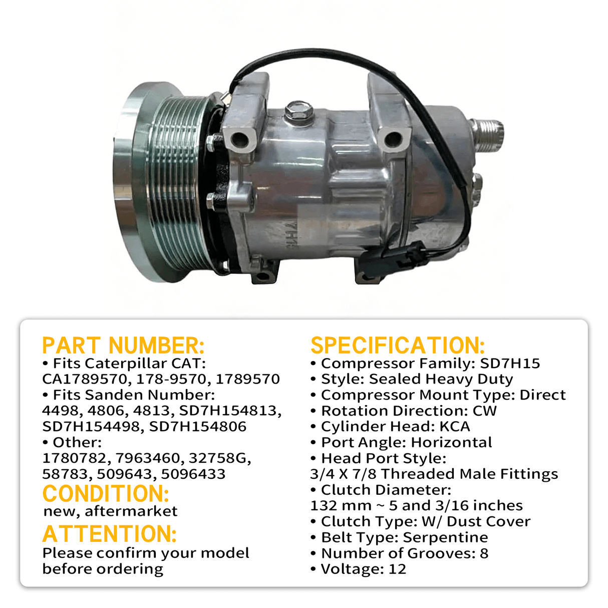 SD7H15 A/C Compressor 178 - 9570 1789570 Fits for Caterpillar CAT Tractor D3K D4K D5K Telehandler TH220B TH330B TH340B TH350B TH355B TH460B TH560B TH580B Compactor CB - 44B CB - 54B CB - 64B CB - 66B CB - 68B CB10 CB13 CB15 CB16 CB7 - Fab Heavy Parts