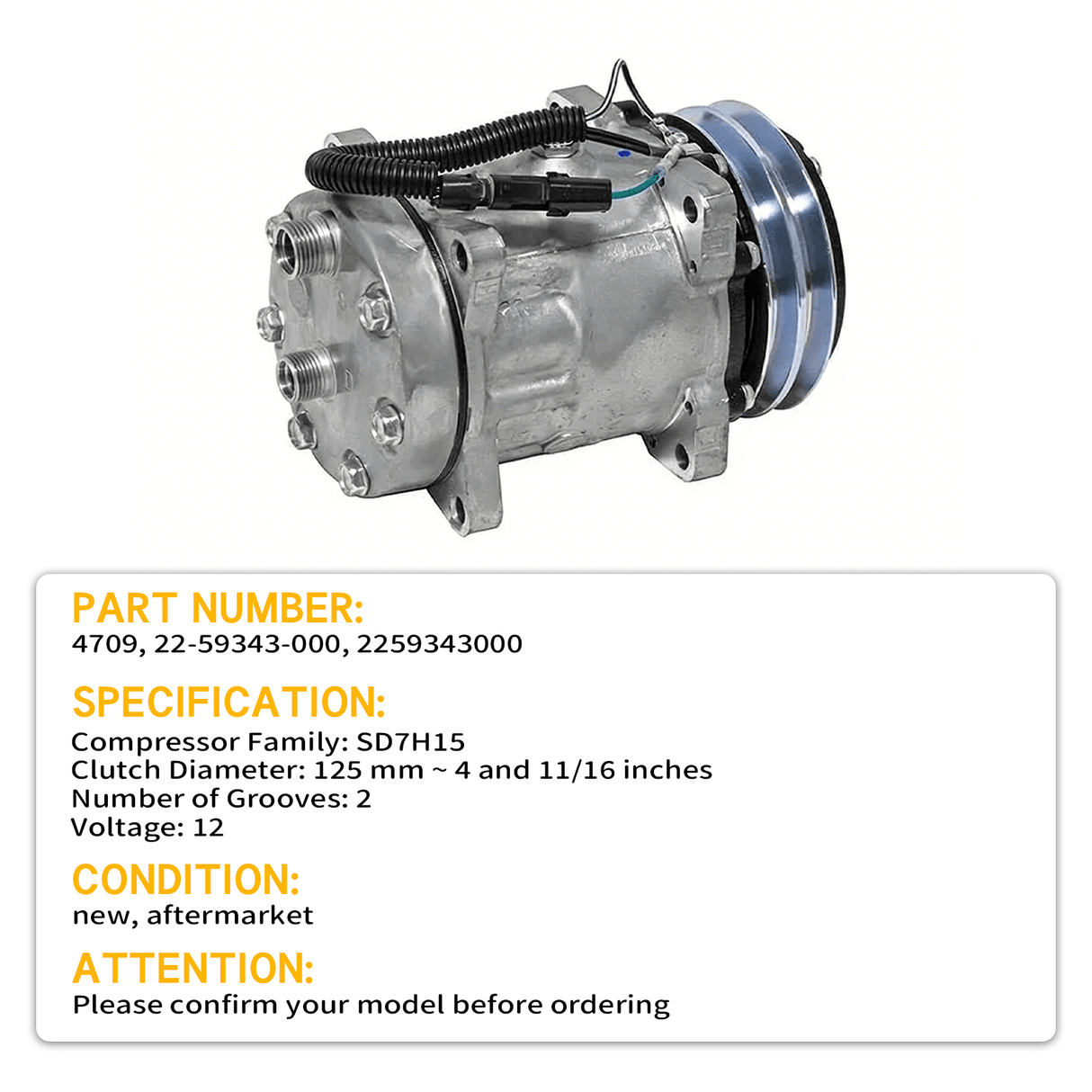 SD7H15 A/C Compressor 4709 Fits for ford New Holland FW20 TW5 TW15 TW25 TW35 7710 7740 7810 7910 8000 8210 8530 8630 8700 8730 8830 9030 9710 - Fab Heavy Parts