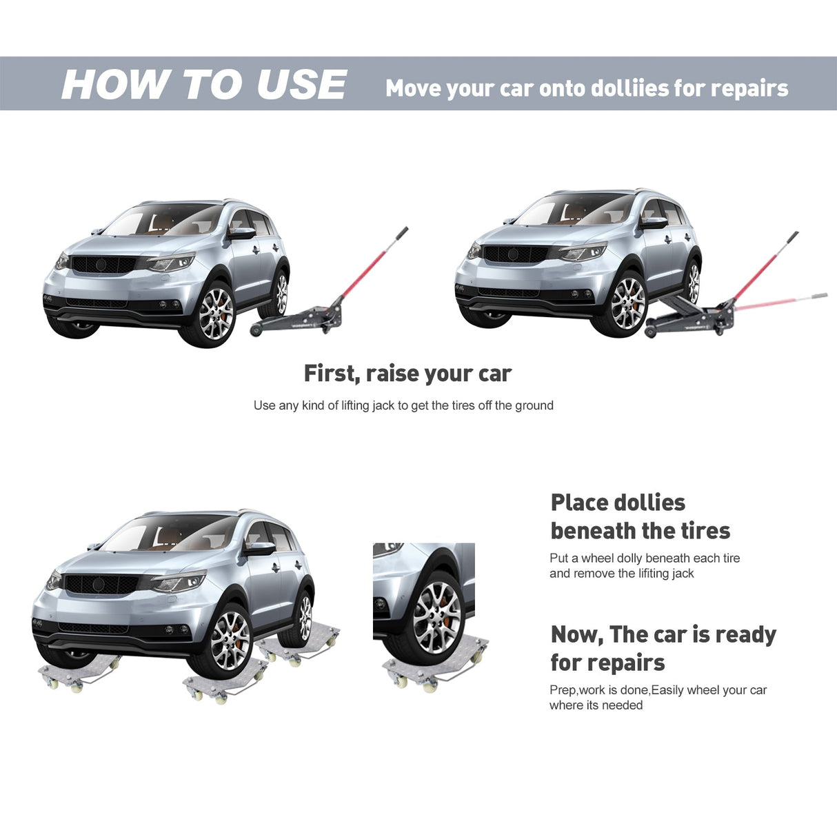 Set of 4 Heavy Duty 4 Tire Wheel Dolly Car Stakes 6000lbs Capacity - Gray - Fab Heavy Parts