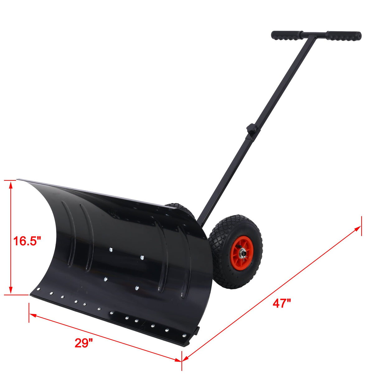 Snow Shovel Pusher with Wheels Cushioned Adjustable Angle Handle Removal Tool 29" Blade 10" Wheels Black - Fab Heavy Parts