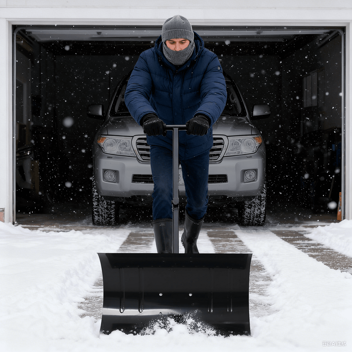 Snow Shovel Pusher with Wheels Cushioned Adjustable Angle Handle Removal Tool 29" Blade 10" Wheels Black - Fab Heavy Parts