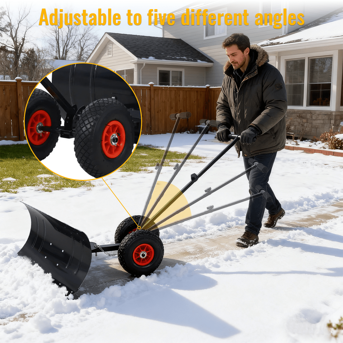 Snow Shovel Pusher with Wheels Cushioned Adjustable Angle Handle Removal Tool 29" Blade 10" Wheels Black - Fab Heavy Parts
