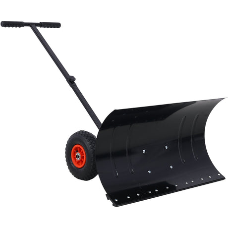 Snow Shovel Pusher with Wheels Cushioned Adjustable Angle Handle Removal Tool 29" Blade 10" Wheels Black - Fab Heavy Parts