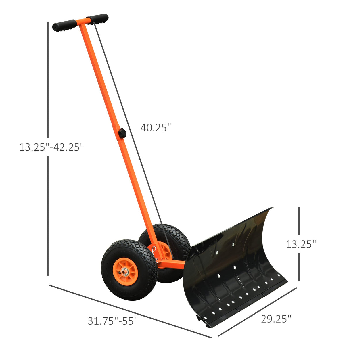 Snow Shovel Pusher with Wheels Cushioned Adjustable Angle Handle Snow Removal Tool 29" Blade 10" Wheels Orange - Fab Heavy Parts