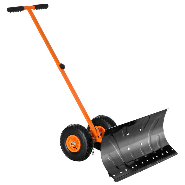 Snow Shovel Pusher with Wheels Cushioned Adjustable Angle Handle Snow Removal Tool 29" Blade 10" Wheels Orange - Fab Heavy Parts
