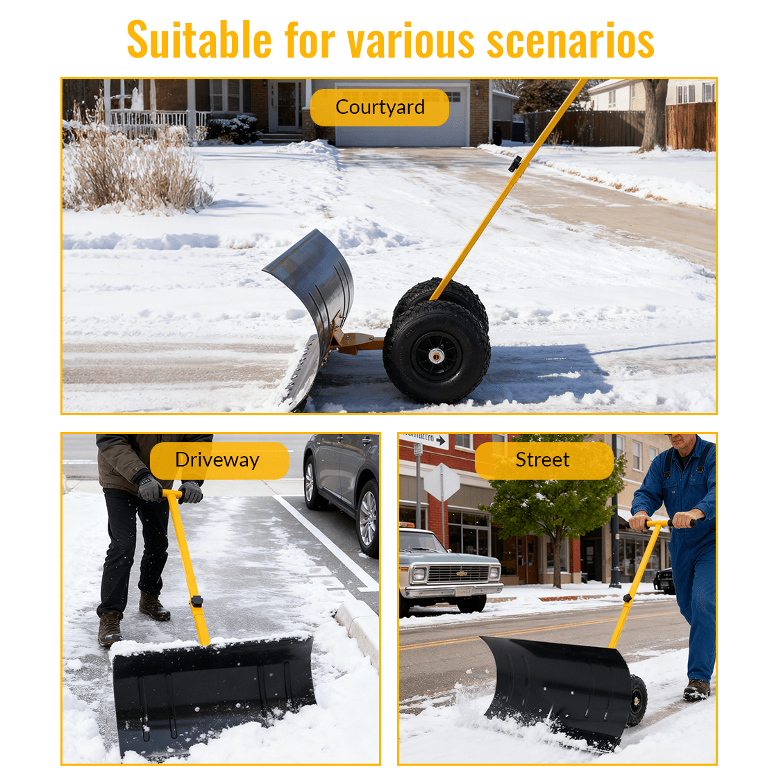 Snow Shovel with Wheels Cushioned Adjustable Angle Handle 29" Blade 10" Wheels - Yellow - Fab Heavy Parts