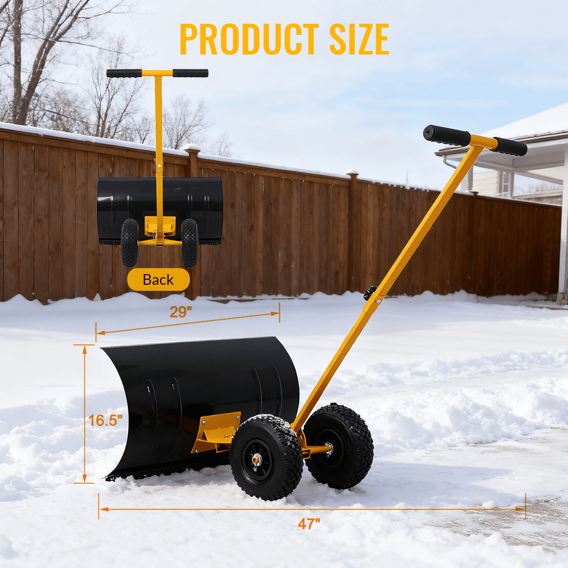 Snow Shovel with Wheels Cushioned Adjustable Angle Handle 29" Blade 10" Wheels - Yellow - Fab Heavy Parts