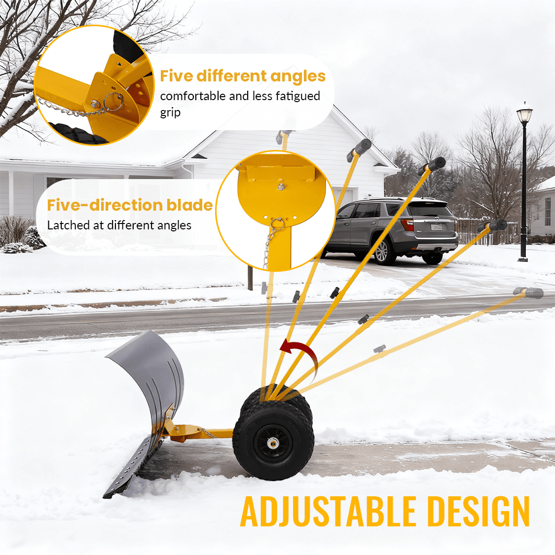 Snow Shovel with Wheels Cushioned Adjustable Angle Handle 29" Blade 10" Wheels - Yellow - Fab Heavy Parts