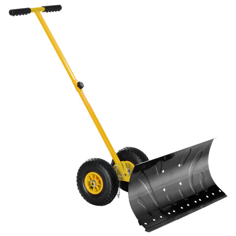 Snow Shovel with Wheels Cushioned Adjustable Angle Handle Removal Tool 29" Blade 10" Wheels - Yellow - Fab Heavy Parts