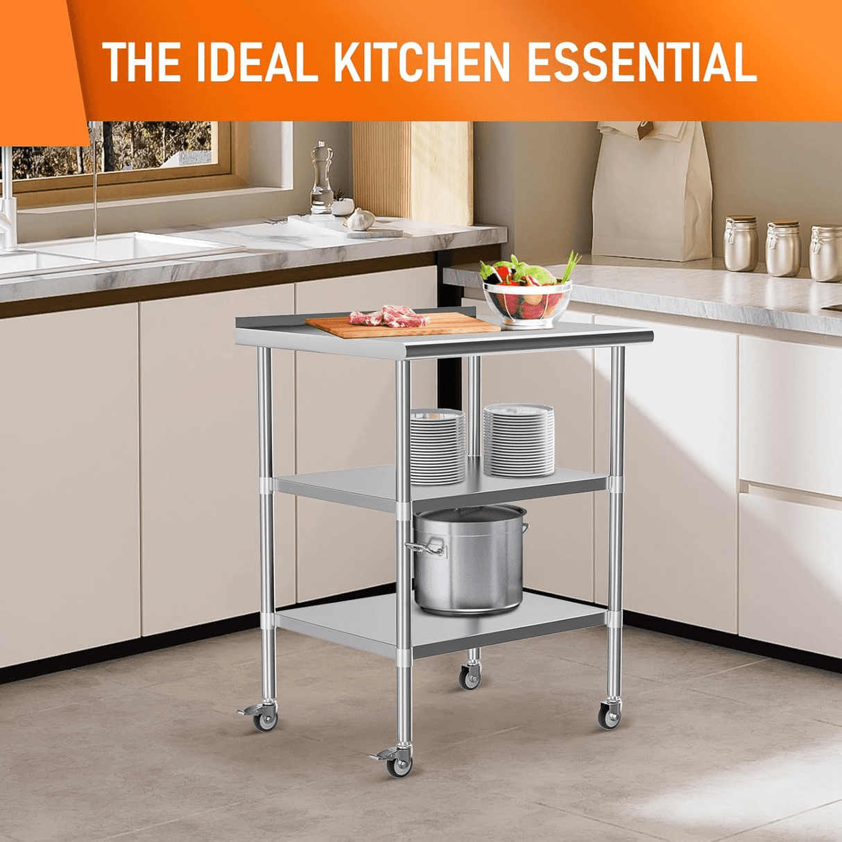 Stainless Steel Table 24 x 30 Inches Metal Work Table with 2 Adjustable Undershelves & Backsplash Wheels - Fab Heavy Parts