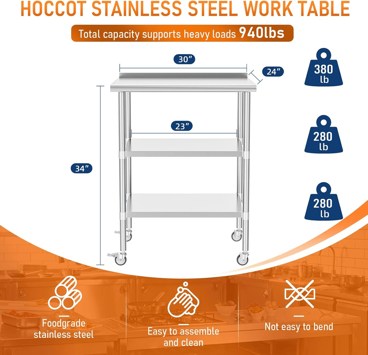 Stainless Steel Table 24 x 30 Inches Metal Work Table with 2 Adjustable Undershelves & Backsplash Wheels - Fab Heavy Parts