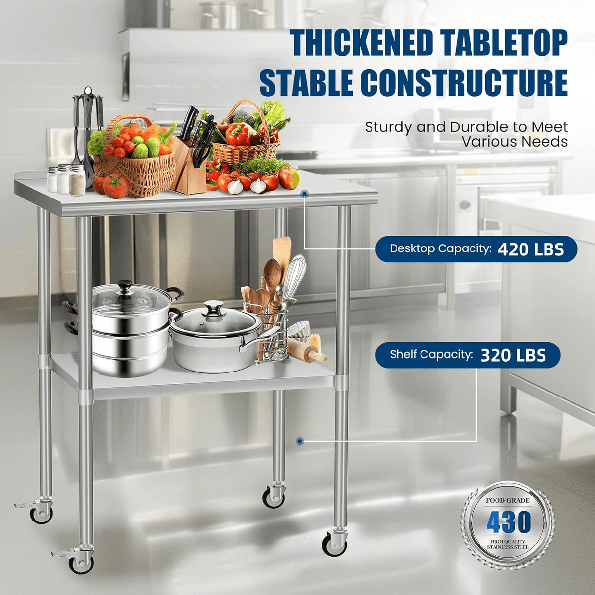Stainless Steel Table 24 x 30 Inches Metal Work Table with Wheels Backsplash & Adjustable Undershelf - Fab Heavy Parts