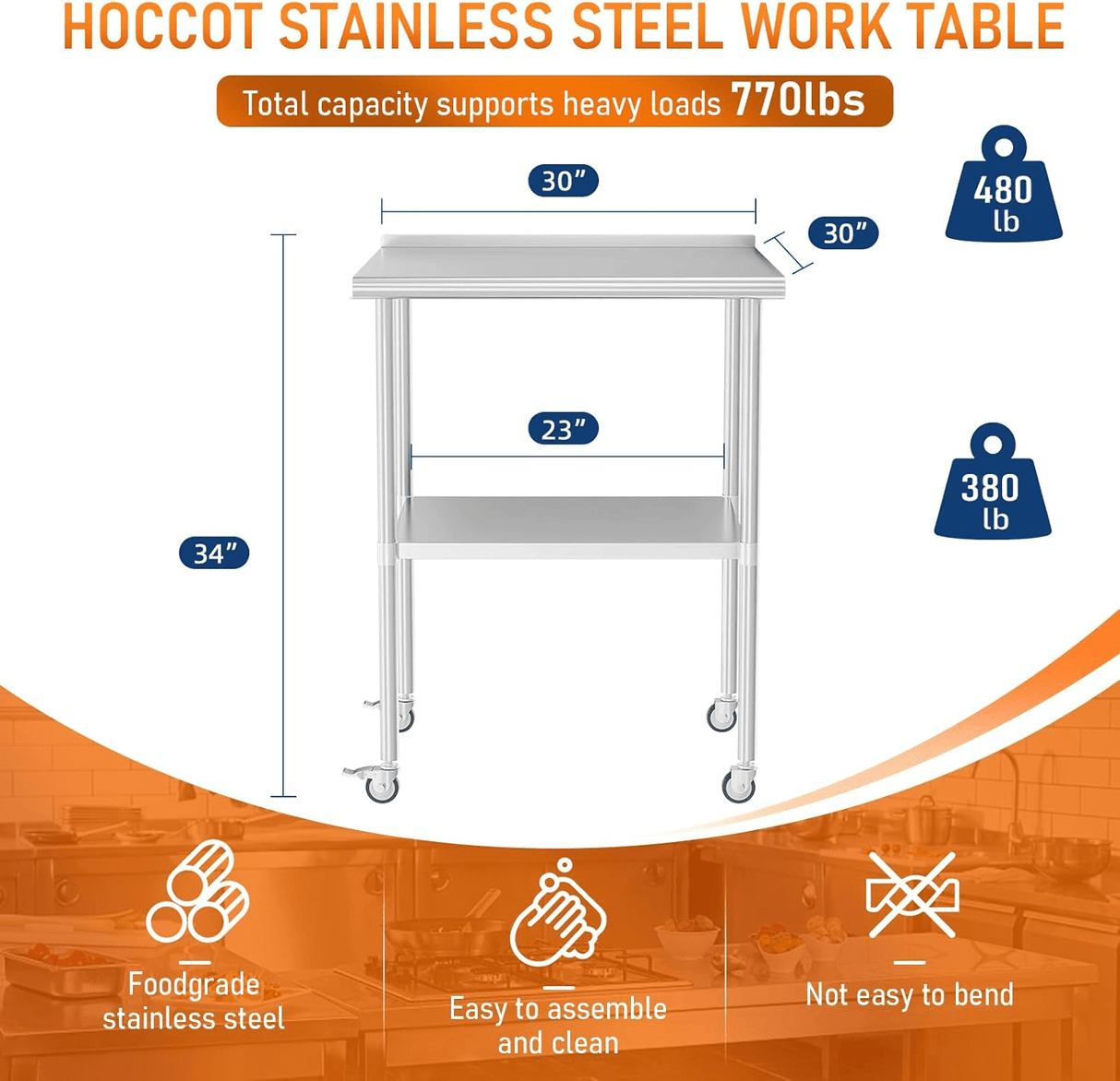 Stainless Steel Table 30 x 30 Inches Metal Work Table with Wheels Backsplash & Adjustable Undershelf - Fab Heavy Parts