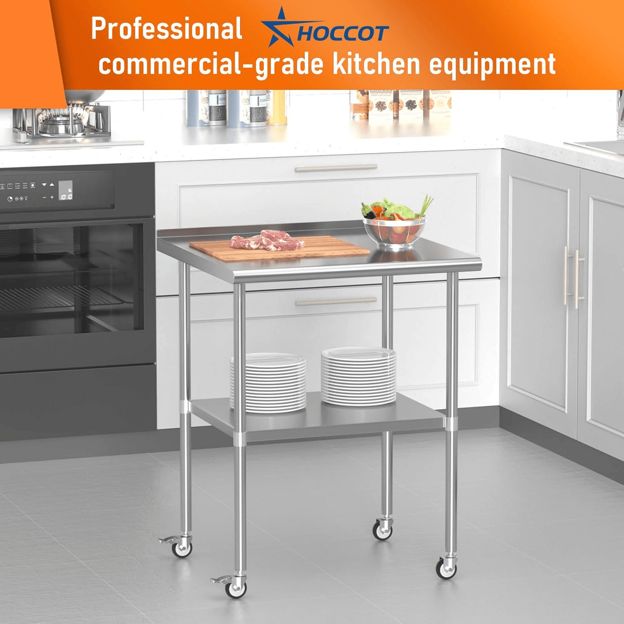 Stainless Steel Table 30 x 30 Inches Metal Work Table with Wheels Backsplash & Adjustable Undershelf - Fab Heavy Parts