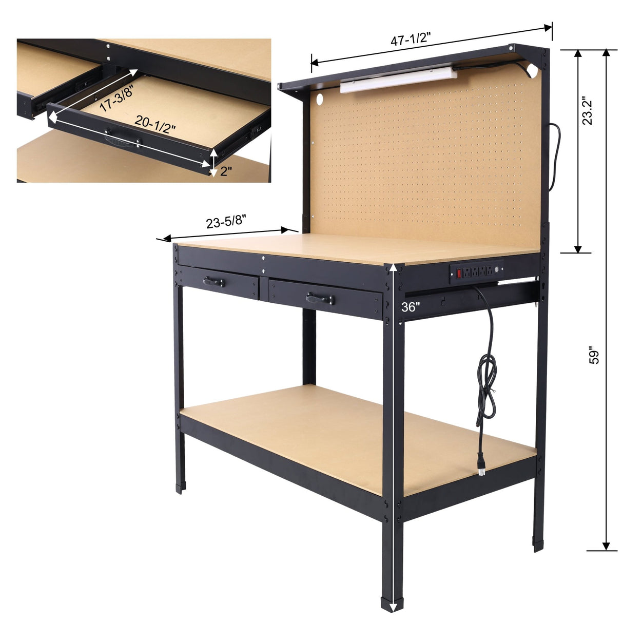 Steel Workbench Tool Storage Workshop Table W/Drawer and Peg Board 4xAC Outlets 2xUSB Ports - Fab Heavy Parts