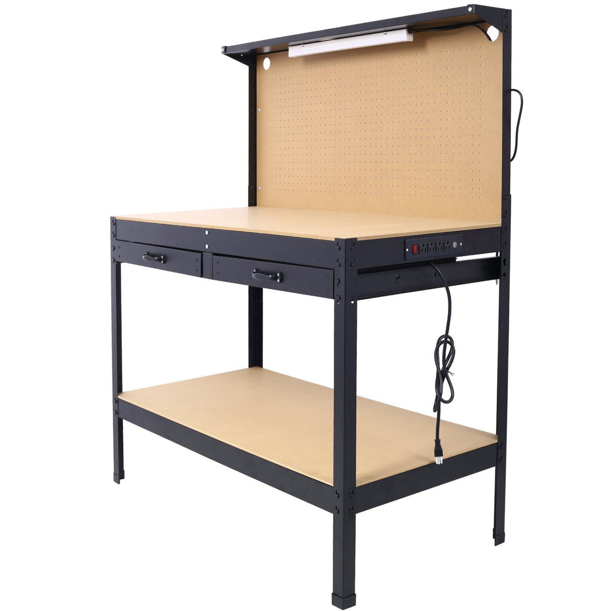 Steel Workbench Tool Storage Workshop Table W/Drawer and Peg Board 4xAC Outlets 2xUSB Ports - Fab Heavy Parts