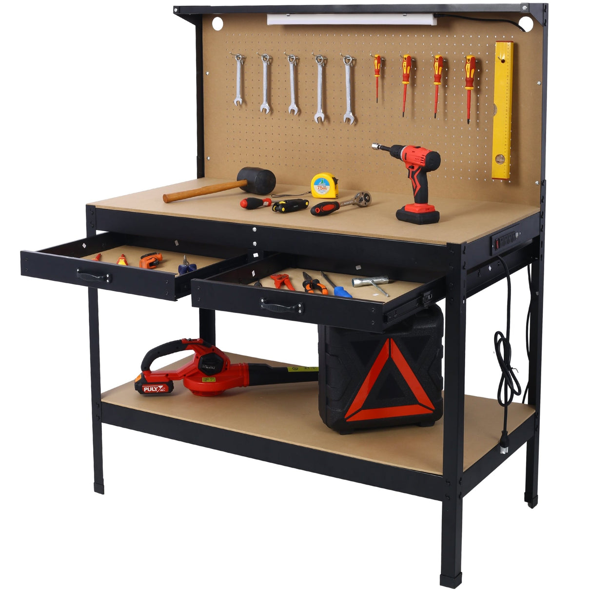Steel Workbench Tool Storage Workshop Table W/Drawer and Peg Board 4xAC Outlets 2xUSB Ports - Fab Heavy Parts