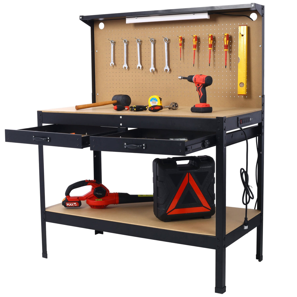 Steel Workbench Tool Storage Workshop Table W/Drawer and Peg Board 4xAC Outlets 2xUSB Ports - Fab Heavy Parts