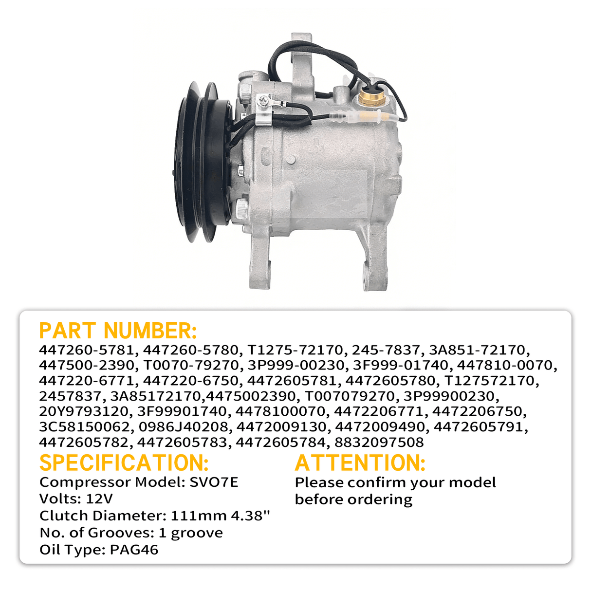 SVO7E A/C Compressor 447260 - 5781 Fits for Kubota Tractor M108S M5040 M7040 M8540 M9540 - Fab Heavy Parts