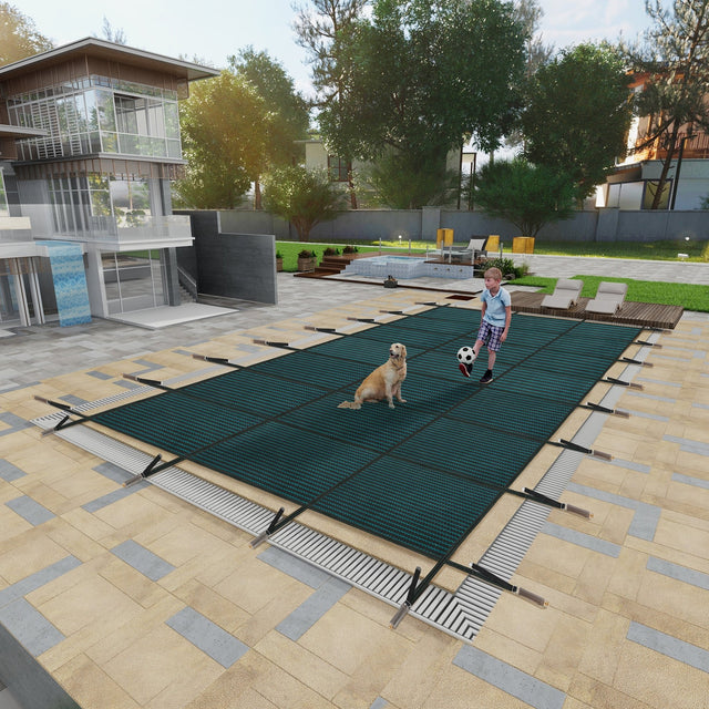 Swimming Pool Safety Cover Fits 20x40ft Rectangular Underground and Inground Swimming Pools Triple Stitched High Strength Mesh PP Abrasion Resistant - Green Mesh - Fab Heavy Parts