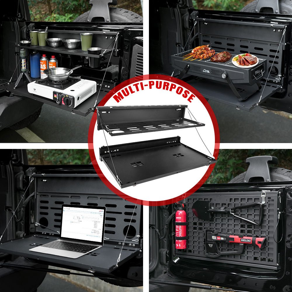 Tailgate Table Molle Panel for Ford Bronco 2021 - 2024 2 - Tier Foldable Rear Storage Cargo Rack Shelf Camping Desk - Fab Heavy Parts