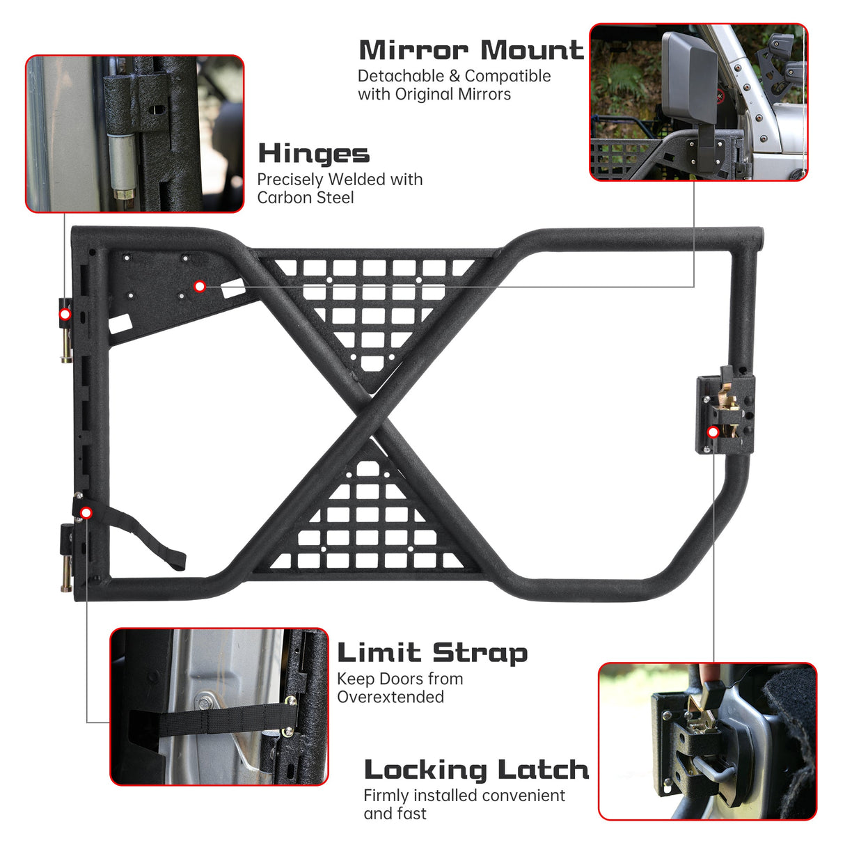 Tube Doors Tubular Half Doors with Rearview Mirror Compatible with 2007 - 2017 Jeep Wrangler JK JKU Unlimited 4 - Doors Safari Tubular Off Road Summer Trail Adventu Competition - Fab Heavy Parts