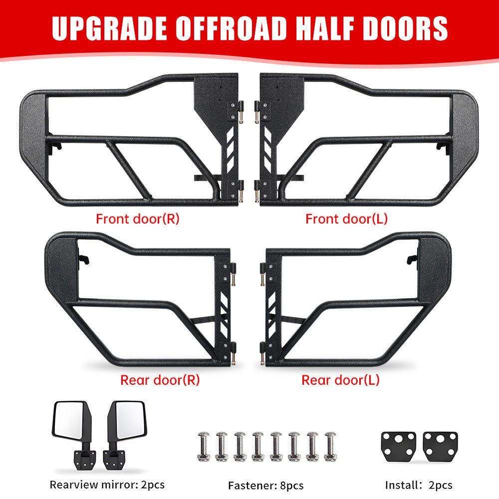 Tube Doors with Side View Mirror for 2018 - 2026 Jeep Wrangler JL JLU & Gladiator JT 4 - Doors (Includes 4XE) 4 - piece set Off Road Summer Trail Adventure - Fab Heavy Parts