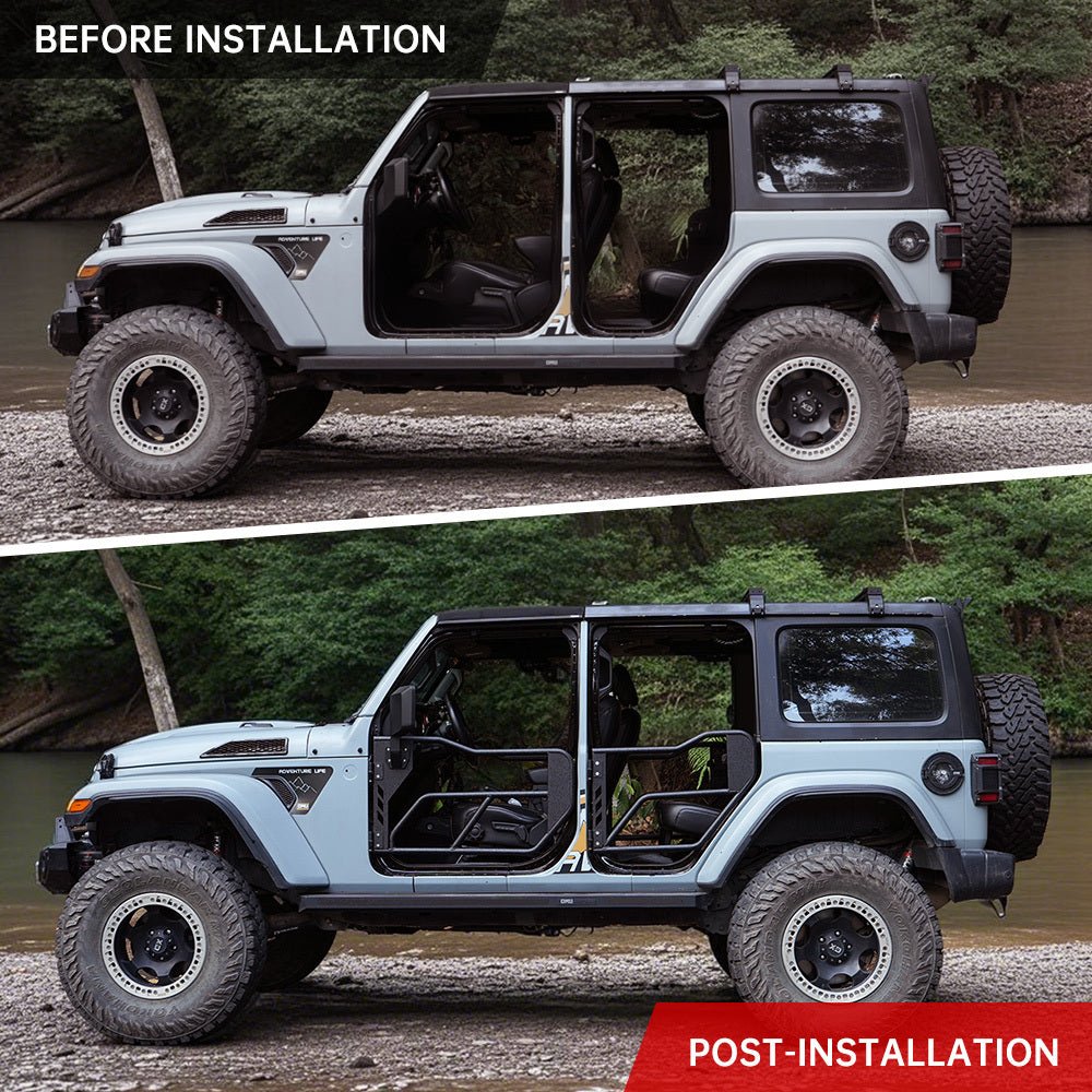 Tube Doors with Side View Mirror for 2018 - 2026 Jeep Wrangler JL JLU & Gladiator JT 4 - Doors (Includes 4XE) 4 - piece set Off Road Summer Trail Adventure - Fab Heavy Parts