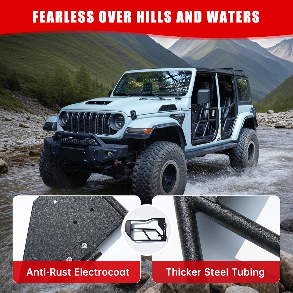 Tube Doors with Side View Mirror for 2018 - 2026 Jeep Wrangler JL JLU & Gladiator JT 4 - Doors (Includes 4XE) 4 - piece set Off Road Summer Trail Adventure - Fab Heavy Parts