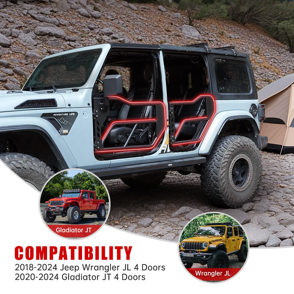 Tube Doors with Side View Mirror for 2018 - 2026 Jeep Wrangler JL JLU & Gladiator JT 4 - Doors (Includes 4XE) 4 - piece set Off Road Summer Trail Adventure - Fab Heavy Parts