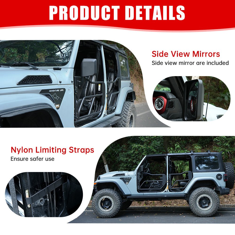 Tube Doors with Side View Mirror for 2018 - 2026 Jeep Wrangler JL JLU & Gladiator JT 4 - Doors (Includes 4XE) 4 - piece set Off Road Summer Trail Adventure - Fab Heavy Parts