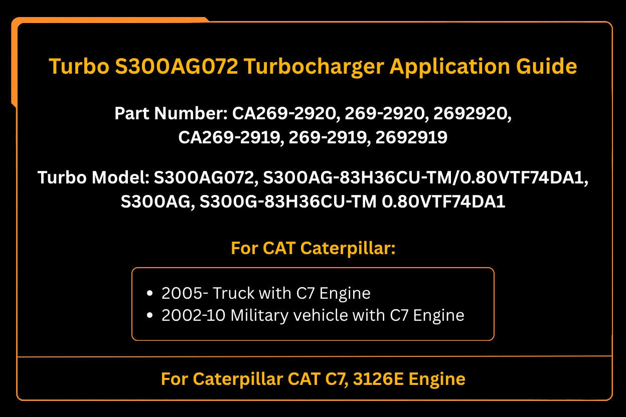 Turbo S300AG072 Turbocharger 269-2920 2692920 269-2919 2692919 Fits for Caterpillar CAT Engine C7 3126E - Fab Heavy Parts