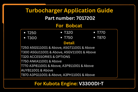 Turbocharger 7017202 Aftermarket Replacement For Bobcat T250 T300 T320 T750 T770 T870 Kubota, Engine V3300DI-T - Fab Heavy Parts