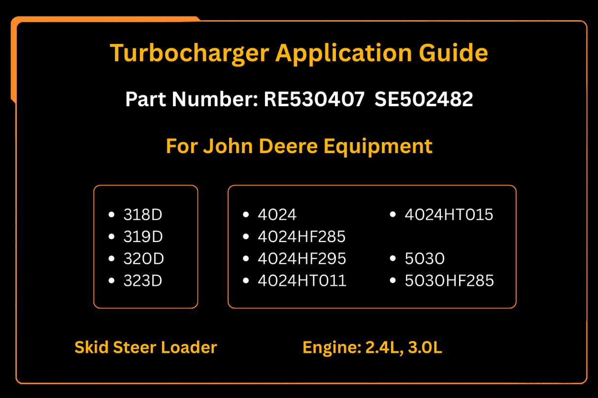 Turbocharger RE530407 SE502482 Fits for John Deere Engine 4024 5030 Skid Steer Loader 318D 319D 320D 323D - Fab Heavy Parts