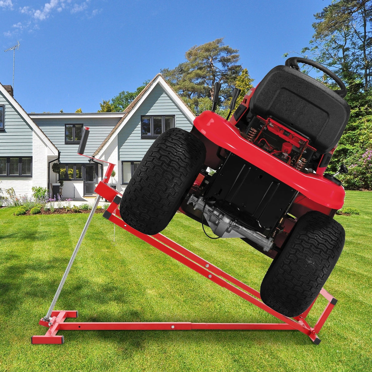Universal Easy Lawn Mower Lift for Riding Tractors 800 Lbs Capacity 45° Tilt Adjustable - Red - Fab Heavy Parts