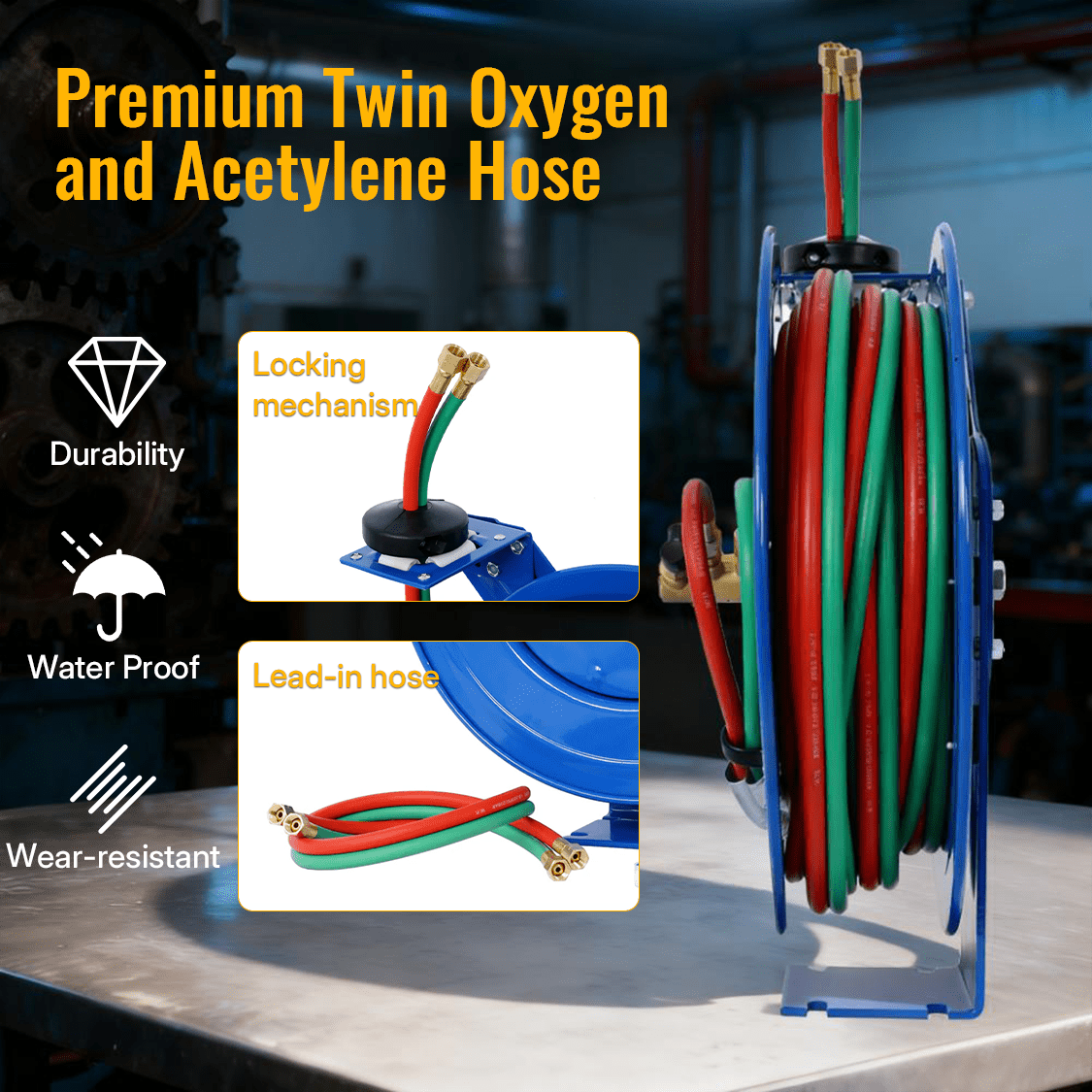Welding Hose Reel Retractable 1/4 Inch x 50 Foot Twin Oxygen Acetylene Rubber STD Max 200PSI Heavy Duty Single Arm Construction - Fab Heavy Parts