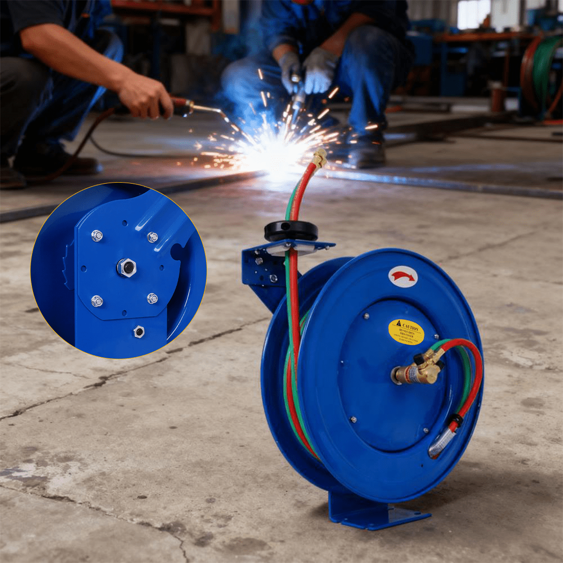 Welding Hose Reel Retractable 1/4 Inch x 50 Foot Twin Oxygen Acetylene Rubber STD Max 200PSI Heavy Duty Single Arm Construction - Fab Heavy Parts